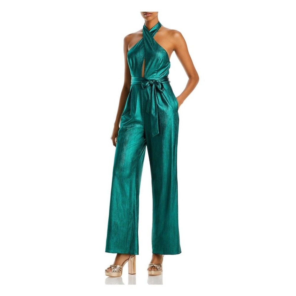 AQUA Jumpsuit Womens Medium Green Excellent Metallic Pleated Halter Wide Leg